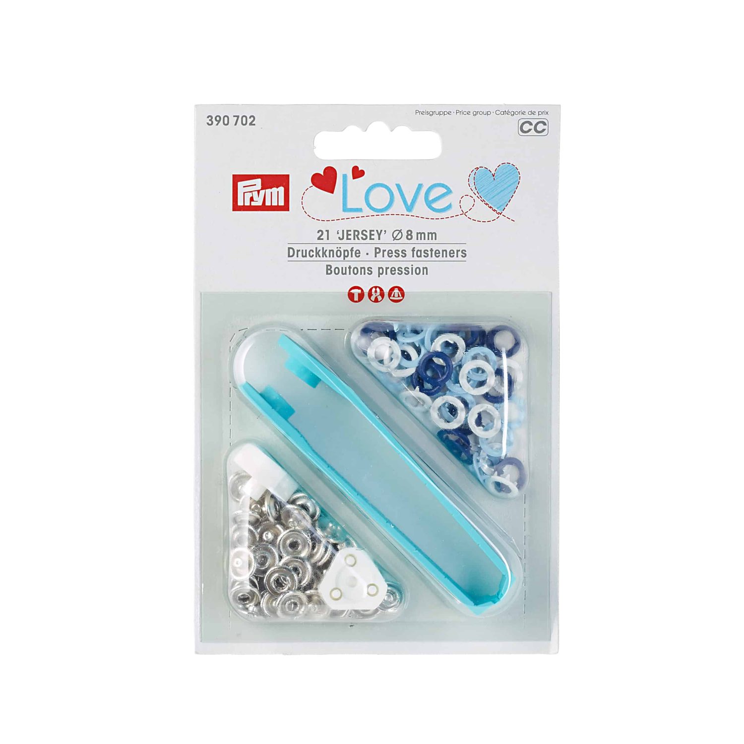 PRYM Rengasnepparit LOVE trikoo vaaleansininen, sininen ja valkoinen 8 mm