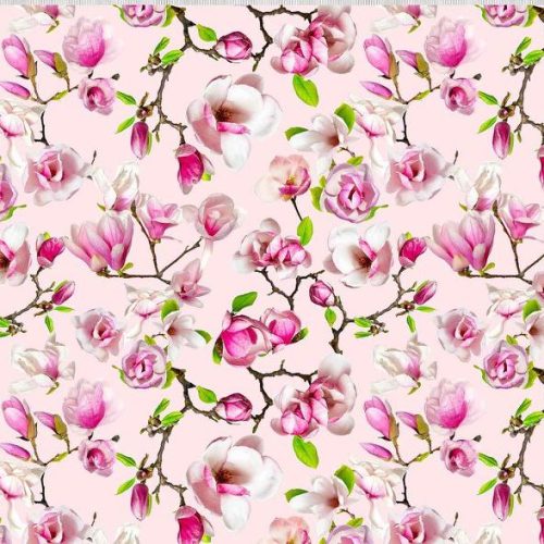 Trikoo Vaaleanpunaiset magnoliat vaaleanpunaisella taustalla GOTS digipainettu