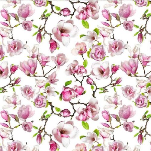 Trikoo Vaaleanpunaiset magnoliat valkoisella taustalla GOTS digipainettu