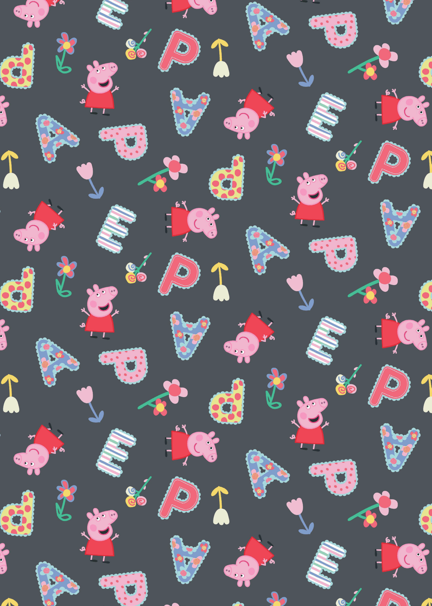Trikotaaž Peppa Pig tegelaskujud tähestik tumehall (litsentseetitud) digital print