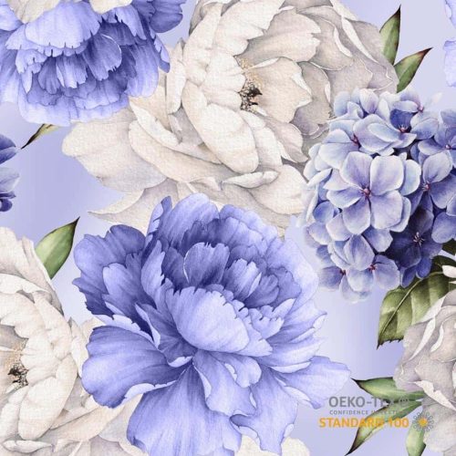 Trikoo Hortensia ja muut kukat vaaleanvioletti digipainettu