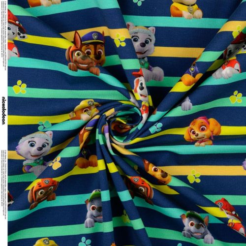 Trikotaaž Paw Patrol kutsud  sinine kollane triibuline digital print (litsentseeritud)