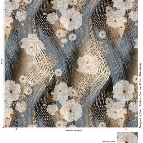 Trikotaaž Lilled, hall ja beež säbruline digital print