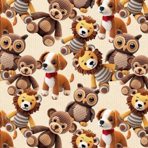 Trikotaaž amigurumi lõvi, öökull, ahv, koer beežil digital print