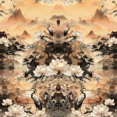 Trikoo paneeli stork ja kukkia 200x150 cm digipainettu
