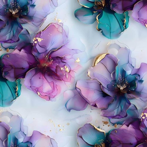 Trikotaaž marmor lilled fuksia, türkiis ja lilla digital print, suur muster