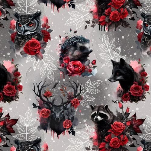 Trikotaaž siil, hunt, põder, öökull roosidega digital print