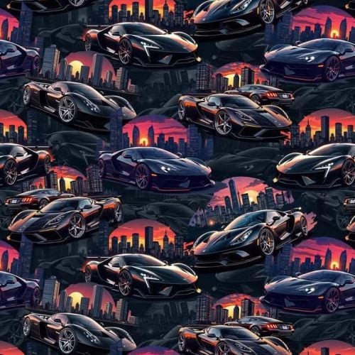 Trikotaaž must sportauto ja päikseloojang digital print