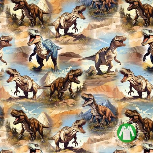 Trikotaaž dinosaurused mägedes GOTS digital print