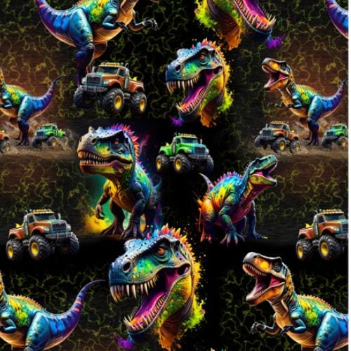 Uhutud dressikangas dinosaurused ja Monster Truck autod digital print